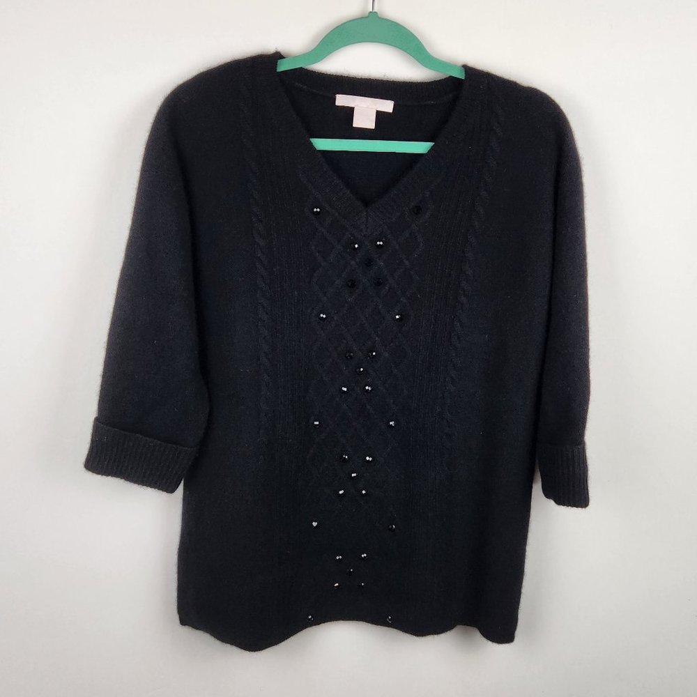 The Cashmere Project 100% Cashmere Black Sequin Knit V-Neck Sweater sz S